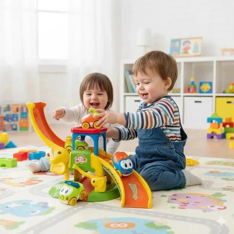 [N3UF] Toboggan Éléphant + 4 Voitures Animales – Jouet éducatif pour enfants 1 à 3 ans -4382